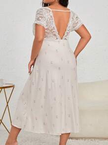 SHEIN Plus Floral Print Contrast Lace Raglan Sleeve Ruched Bust Nightdress - Multicolor - View 2