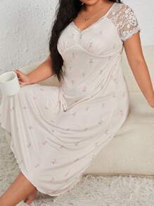 SHEIN Plus Floral Print Contrast Lace Raglan Sleeve Ruched Bust Nightdress - Multicolor - View 3