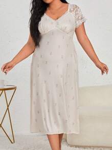 SHEIN Plus Floral Print Contrast Lace Raglan Sleeve Ruched Bust Nightdress - Multicolor - View 5