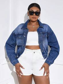SHEIN SXY 大碼落肩袖翻蓋口袋牛仔夾克 - 藍色 - 查看 4