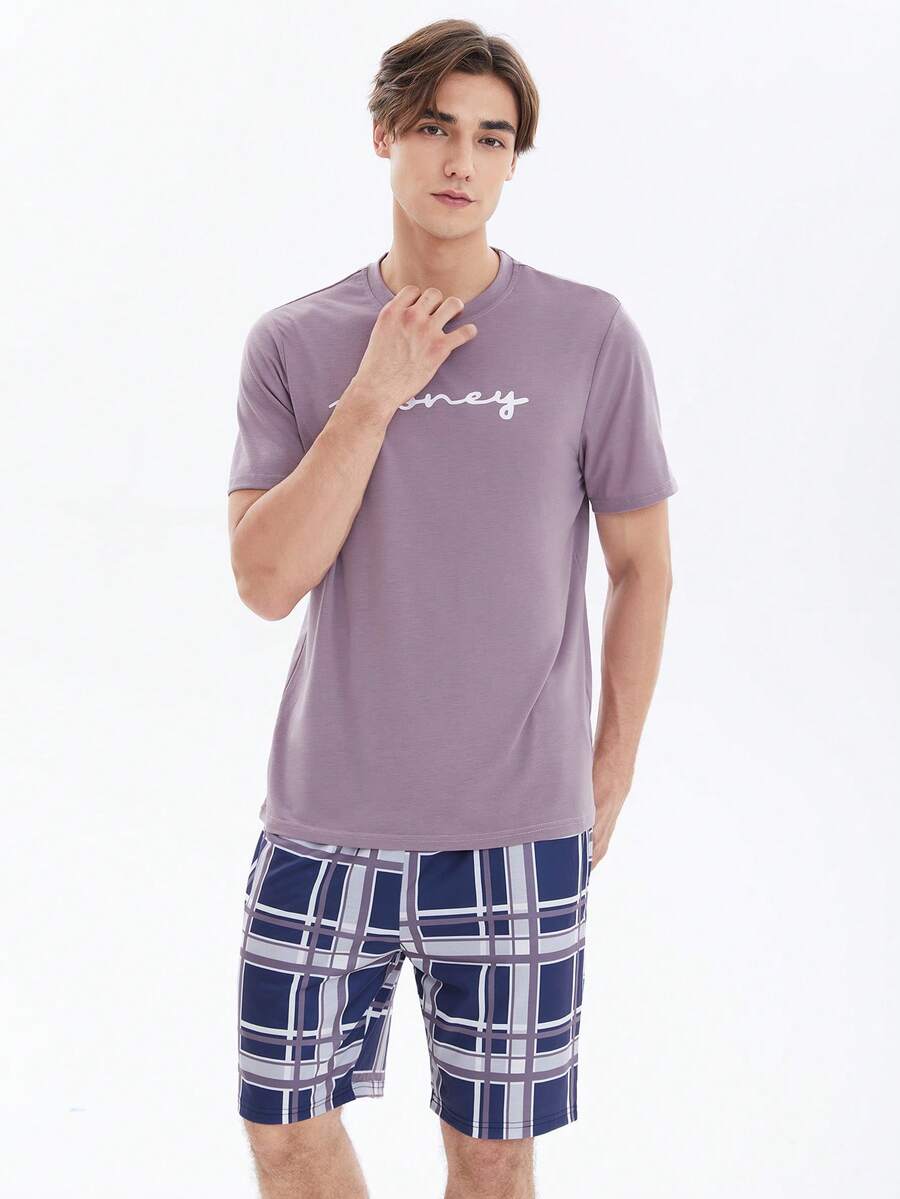 Herr Text Grafik T-Skjortor & Rutigt Shorts Pyjamasset - Multifärgad - Visa 1