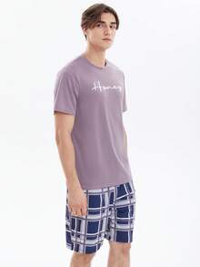 Herr Text Grafik T-Skjortor & Rutigt Shorts Pyjamasset - Multifärgad - Visa 5