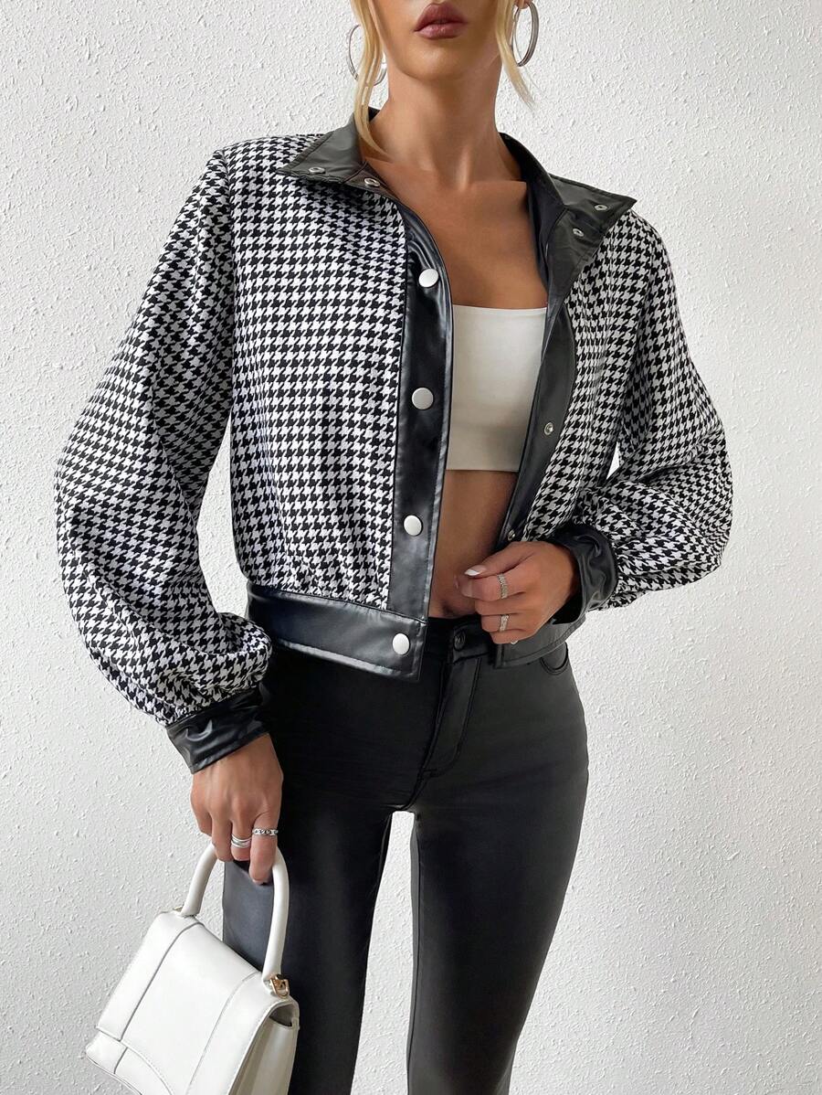 SHEIN Essnce 1入組千鳥格印花燈籠袖短夾克 - 黑與白 - 查看 1