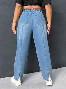 SHEIN EZwear Plus High Waist Split Hem Straight Leg Jeans - Medium Wash - View 2