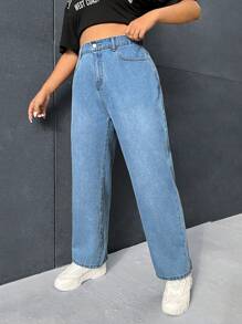 SHEIN EZwear Plus High Waist Split Hem Straight Leg Jeans - Medium Wash - View 3
