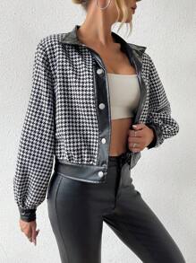 SHEIN Essnce 1入組千鳥格印花燈籠袖短夾克 - 黑與白 - 查看 4