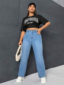 SHEIN EZwear Plus High Waist Split Hem Straight Leg Jeans - Medium Wash - View 4