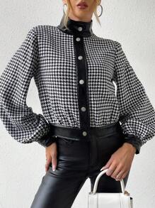 SHEIN Essnce 1入組千鳥格印花燈籠袖短夾克 - 黑與白 - 查看 5