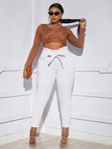 SHEIN SXY 大碼紙袋腰腰帶緊身牛仔褲 - 白色 - 查看 3
