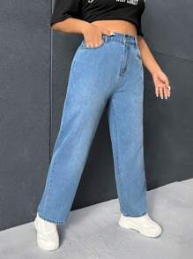 SHEIN EZwear Plus High Waist Split Hem Straight Leg Jeans - Medium Wash - View 5