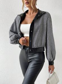 SHEIN Essnce 1入組千鳥格印花燈籠袖短夾克 - 黑與白 - 查看 6