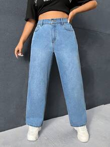 SHEIN EZwear Plus High Waist Split Hem Straight Leg Jeans - Medium Wash - View 6