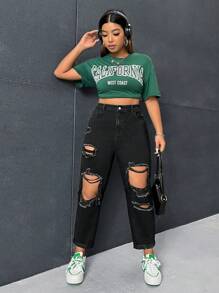 SHEIN ICON Plus High Waist Ripped Mom Fit Jeans - Black - View 4