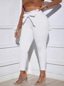 SHEIN SXY 大碼紙袋腰腰帶緊身牛仔褲 - 白色 - 查看 5