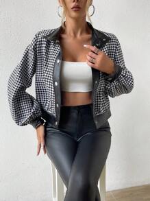SHEIN Essnce 1入組千鳥格印花燈籠袖短夾克 - 黑與白 - 查看 7
