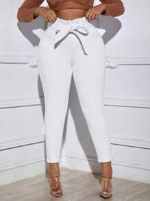 SHEIN SXY 大碼紙袋腰腰帶緊身牛仔褲 - 白色 - 查看 6