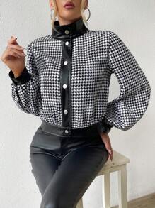 SHEIN Essnce 1入組千鳥格印花燈籠袖短夾克 - 黑與白 - 查看 8