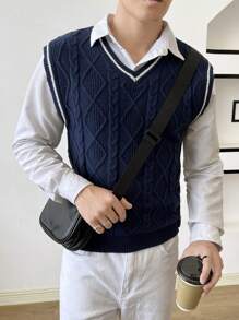 Manfinity RebelGame Men Striped Trim Cable Knit Sweater Vest Without Shirt, For Fall Winter - Navy Blue - View 1
