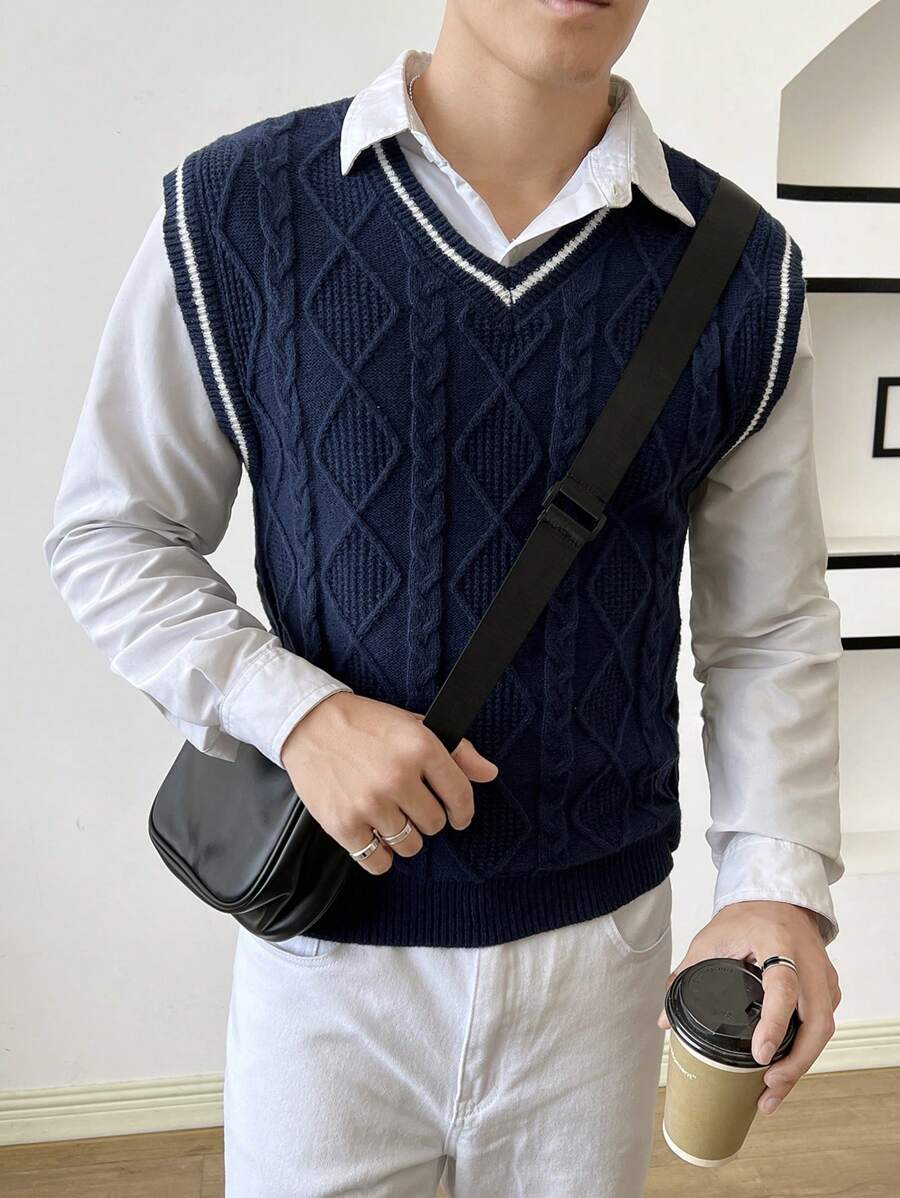 Manfinity RebelGame Men Striped Trim Cable Knit Sweater Vest Without Shirt, For Fall Winter - Navy Blue - View 1