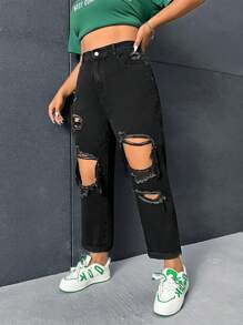 SHEIN ICON Plus High Waist Ripped Mom Fit Jeans - Black - View 3