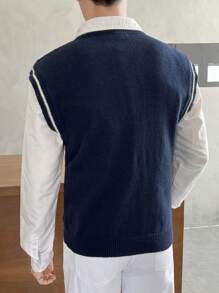 Manfinity RebelGame Men Striped Trim Cable Knit Sweater Vest Without Shirt, For Fall Winter - Navy Blue - View 2