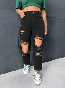 SHEIN ICON Plus High Waist Ripped Mom Fit Jeans - Black - View 1