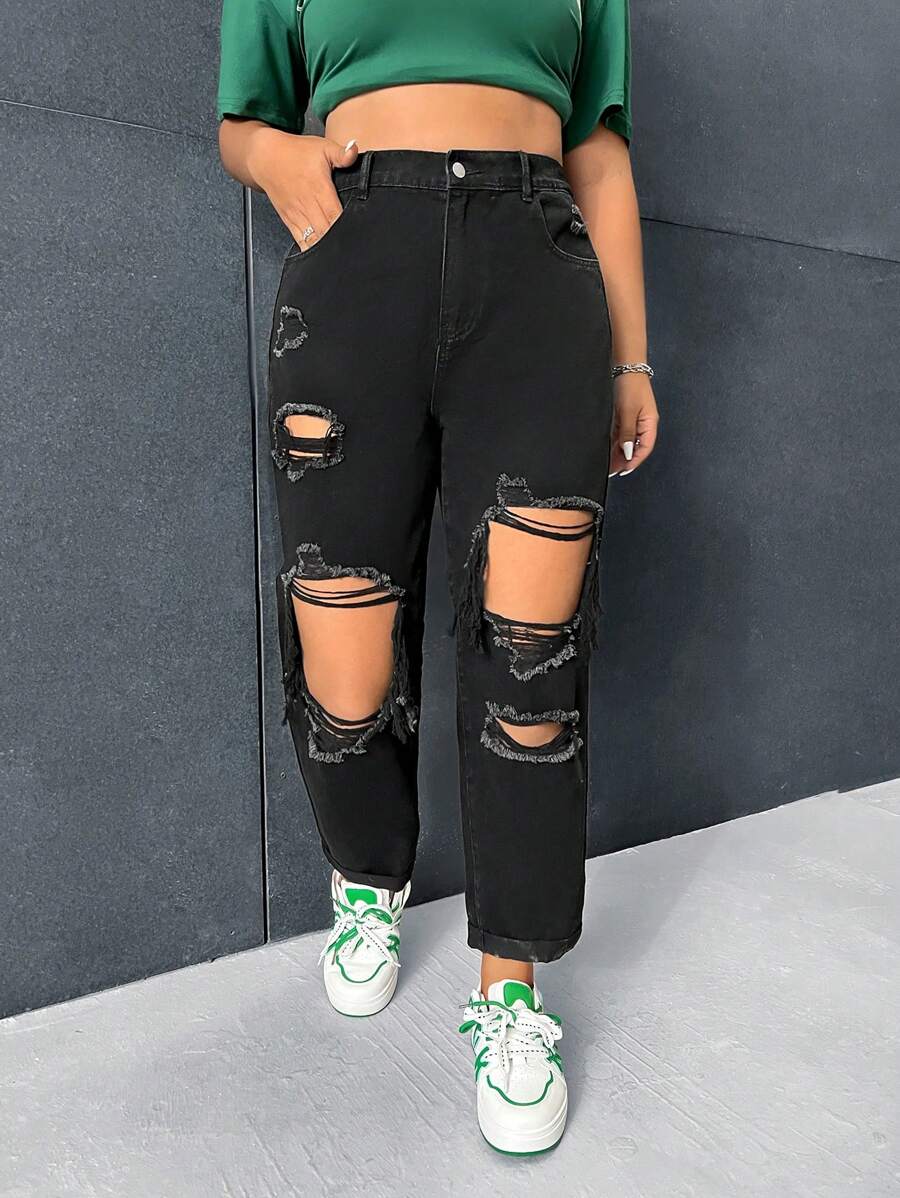 SHEIN ICON Plus High Waist Ripped Mom Fit Jeans - Black - View 1