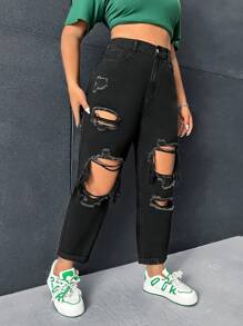 SHEIN ICON Plus High Waist Ripped Mom Fit Jeans - Black - View 5