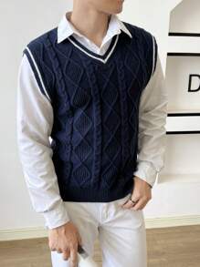 Manfinity RebelGame Men Striped Trim Cable Knit Sweater Vest Without Shirt, For Fall Winter - Navy Blue - View 3