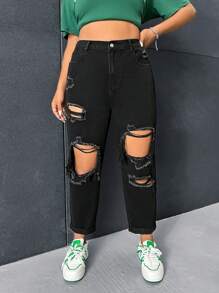 SHEIN ICON Plus High Waist Ripped Mom Fit Jeans - Black - View 6