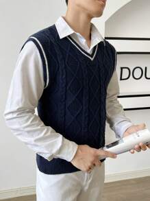 Manfinity RebelGame Men Striped Trim Cable Knit Sweater Vest Without Shirt, For Fall Winter - Navy Blue - View 5