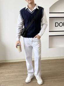 Manfinity RebelGame Men Striped Trim Cable Knit Sweater Vest Without Shirt, For Fall Winter - Navy Blue - View 6