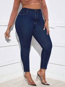 SHEIN SXY 大碼高腰緊身牛仔褲 - 深色水洗藍 - 查看 1