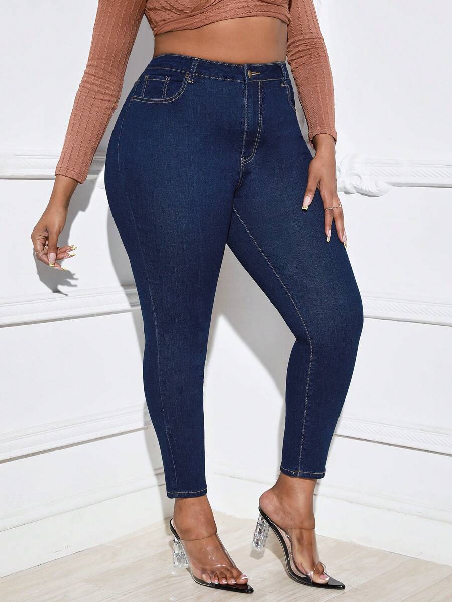 SHEIN SXY 大碼高腰緊身牛仔褲 - 深色水洗藍 - 查看 1