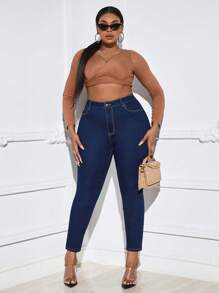 SHEIN SXY 大碼高腰緊身牛仔褲 - 深色水洗藍 - 查看 3