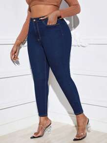 SHEIN SXY 大碼高腰緊身牛仔褲 - 深色水洗藍 - 查看 4