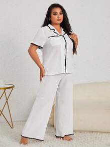 Plus Contrast Binding PJ Set / Pajama Set White Set - White - View 4