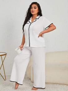 Plus Contrast Binding PJ Set / Pajama Set White Set - White - View 5
