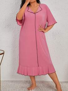 Plus Contrast Binding Ruffle Hem Pajama Nightdress, Long Dress - Hot Pink - View 1