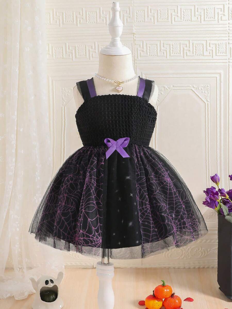 女嬰蜘蛛網印花毛織物薄紗分層連身裙，非常適合萬聖節 - 黑色 - 查看 1