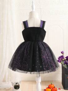 女嬰蜘蛛網印花毛織物薄紗分層連身裙，非常適合萬聖節 - 黑色 - 查看 2