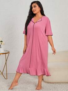Plus Contrast Binding Ruffle Hem Pajama Nightdress, Long Dress - Hot Pink - View 3