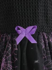 女嬰蜘蛛網印花毛織物薄紗分層連身裙，非常適合萬聖節 - 黑色 - 查看 3