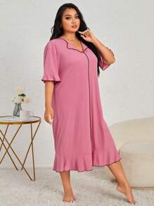 Plus Contrast Binding Ruffle Hem Pajama Nightdress, Long Dress - Hot Pink - View 5