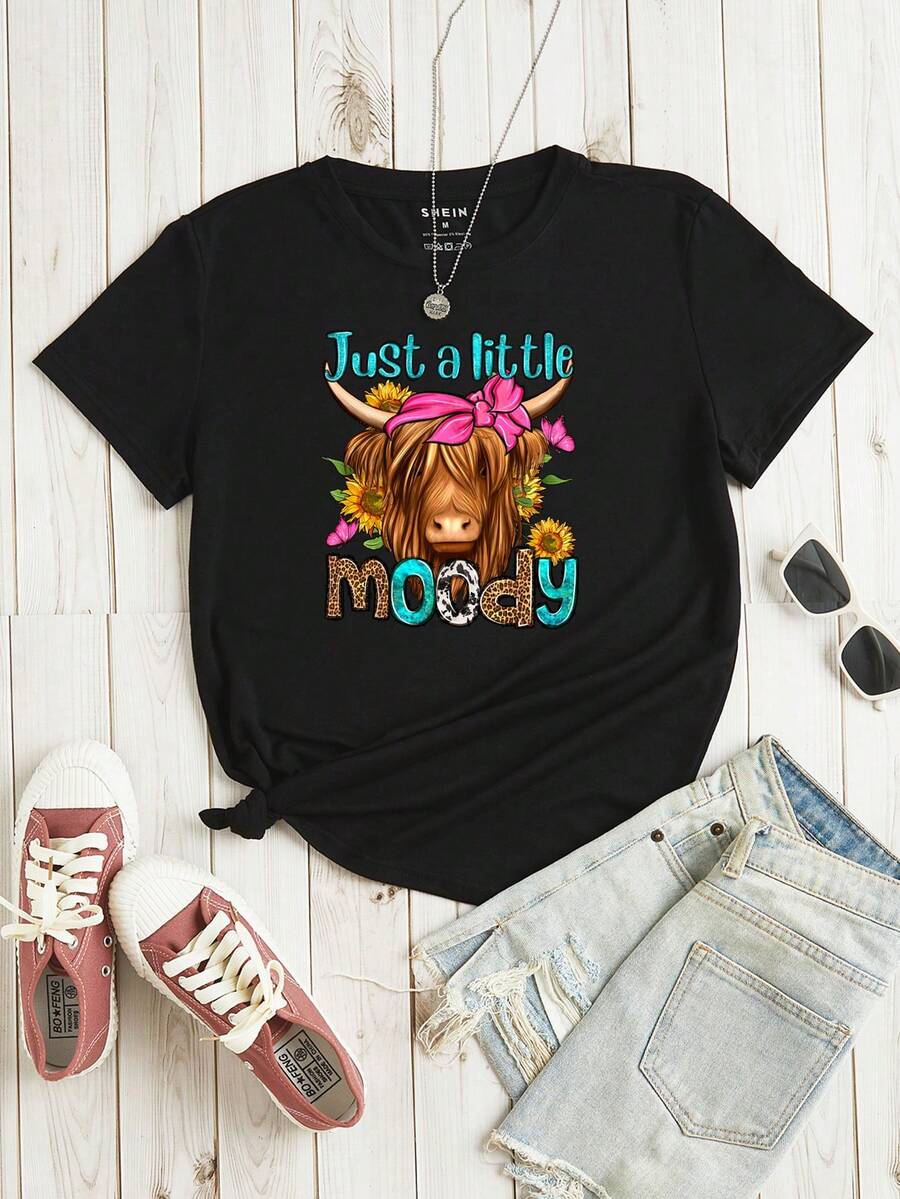 SHEIN LUNE Slogan Graphic Tee - Black - View 1