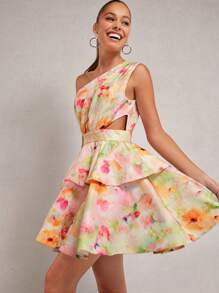 Hauture Jacquard One Shoulder Ruffle Dress - Multicolor - View 1