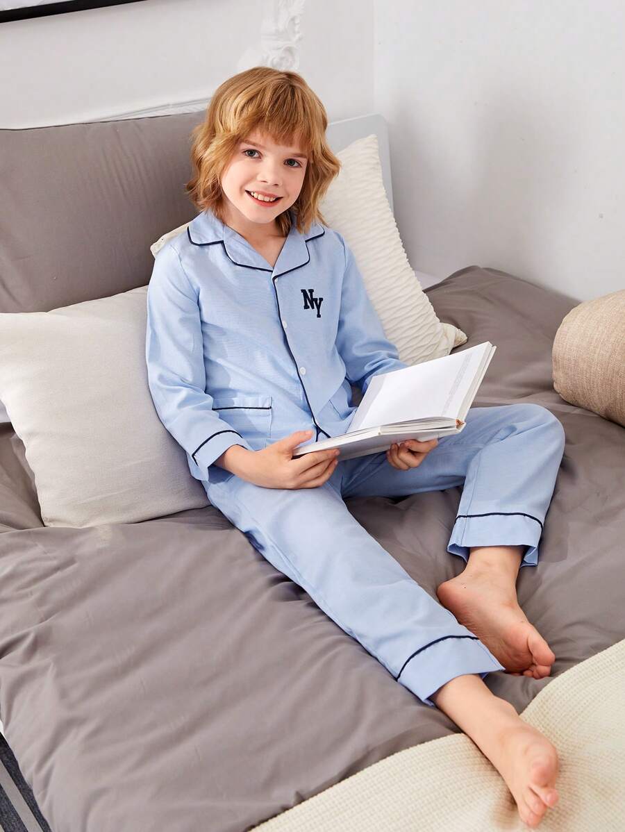Tween Boy Letter Graphic Contrast Piping PJ Set - Blue - View 1