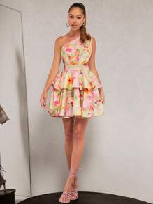 Hauture Jacquard One Shoulder Ruffle Dress - Multicolor - View 3