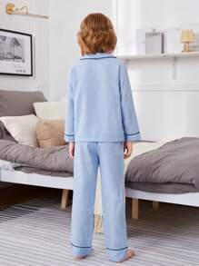 Tween Boy Letter Graphic Contrast Piping PJ Set - Blue - View 2