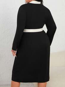 Bata con gráfico de dibujos animados, ribete de contraste y cinturón, para otoño e invierno, atuendo acogedor - Negro - Ver 2